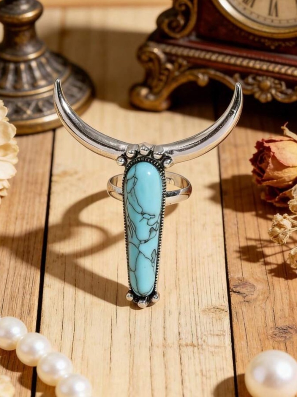 Western Cowboy Style Bull Head Faux Turquoise Adjustable Ring - Picture 3 of 10